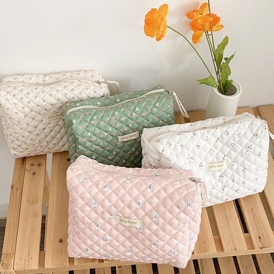 Cute Pink Rabbit White Cherry Quilted cotton Makeup Toiletry Organizer, Large Capacity Makeup Bag