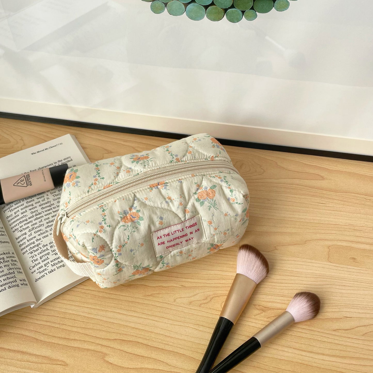 Classic Quilted apricot flower Floral Soft Makeup Bag, Cosmetic Organizer, Cosmetic Bag, Makeup Toiletry Organizer, Cute pencil case