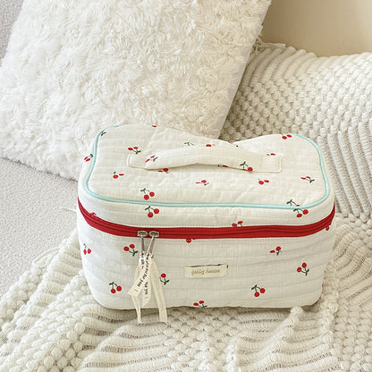 Cute White And Red Cherry Quilted cotton Large Makeup Bag