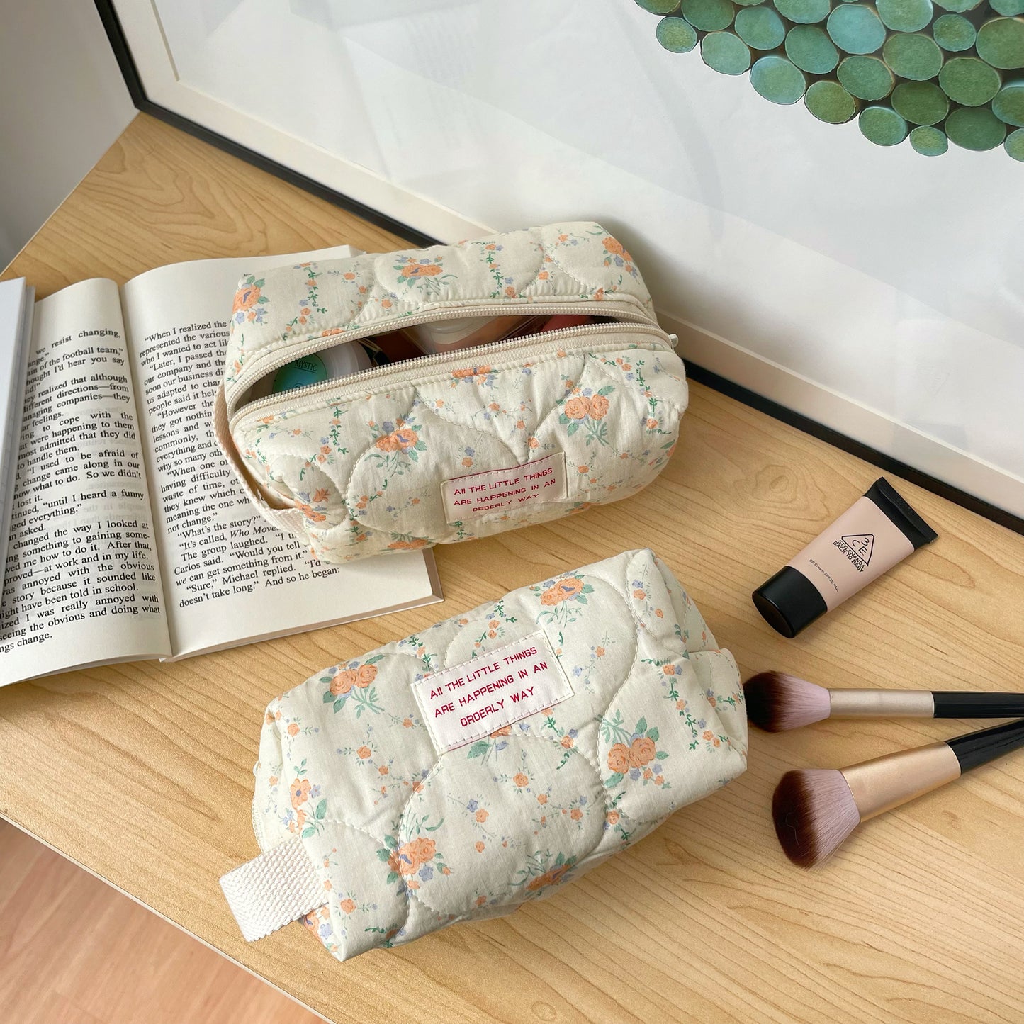 Classic Quilted apricot flower Floral Soft Makeup Bag, Cosmetic Organizer, Cosmetic Bag, Makeup Toiletry Organizer, Cute pencil case