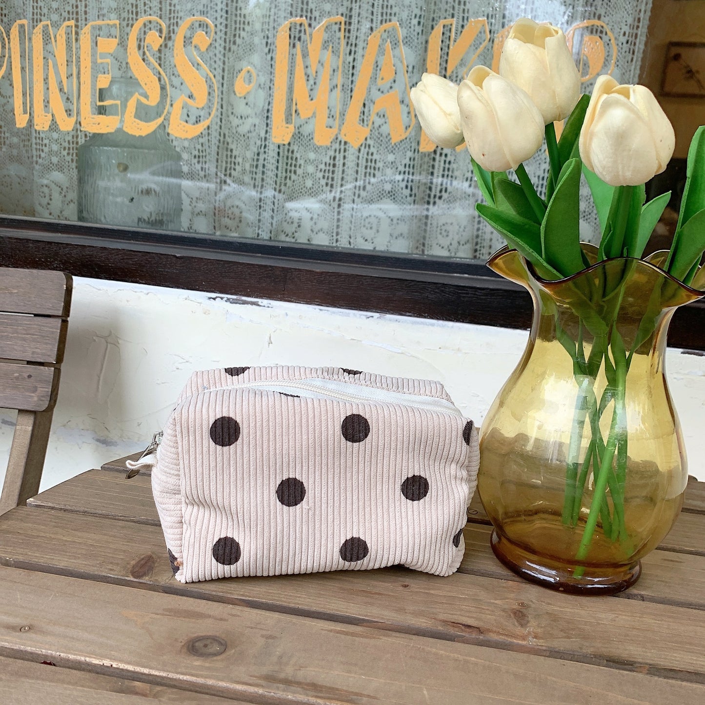 Cute Smiley Face Classic Dots Corduroy Small Makeup Bag, Travel Pouch, Cute Pencil Case