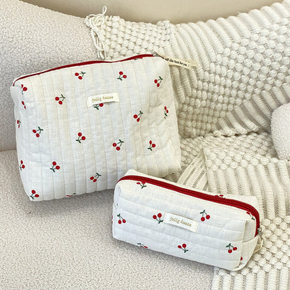 Cute White And Red Cherry Quilted cotton Large Makeup Bag