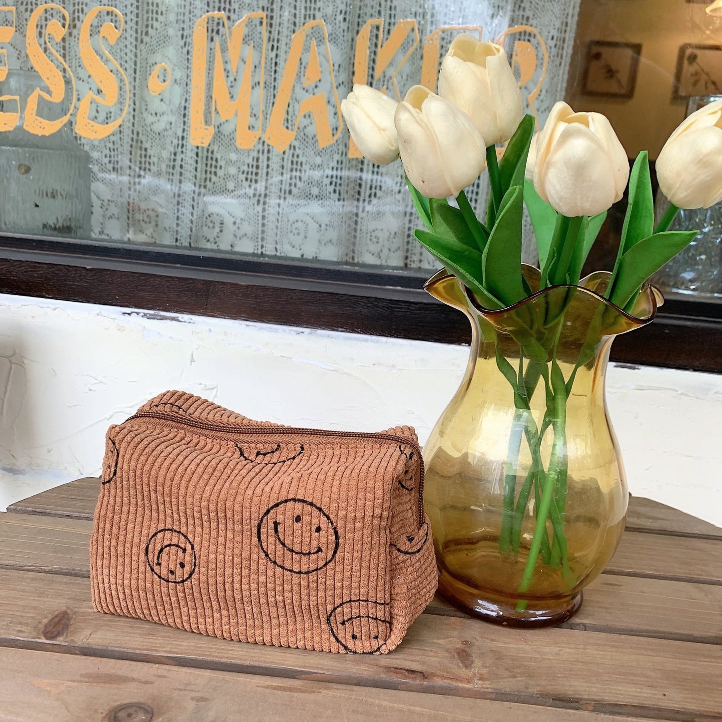 Cute Smiley Face Classic Dots Corduroy Small Makeup Bag, Travel Pouch, Cute Pencil Case