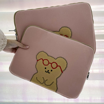 Cute Glass Bear Pure Color iPad Laptop Bag, 11 inch 13 inch 15inch minimalist iPad Air Pro Case, iPad Sleeve, iPad Bag