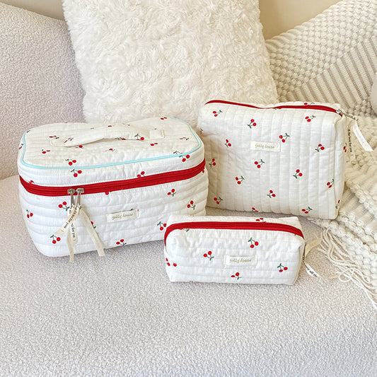 Cute White And Red Cherry Quilted cotton Large Makeup Bag