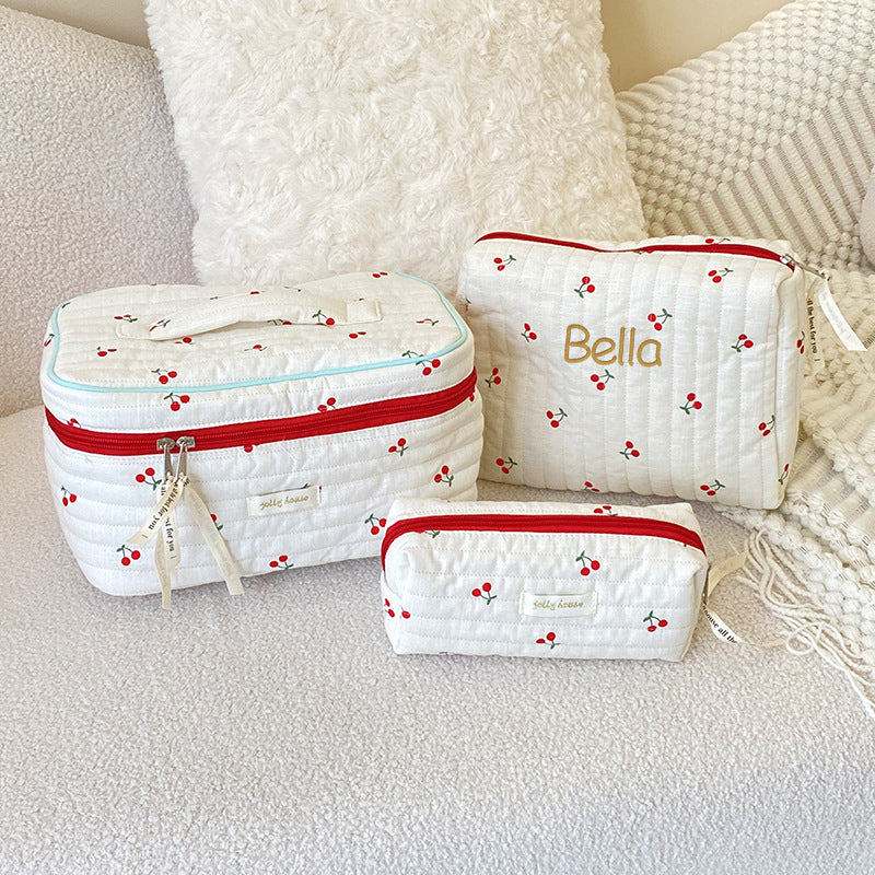 Cute White And Red Cherry Quilted cotton Large Makeup Bag