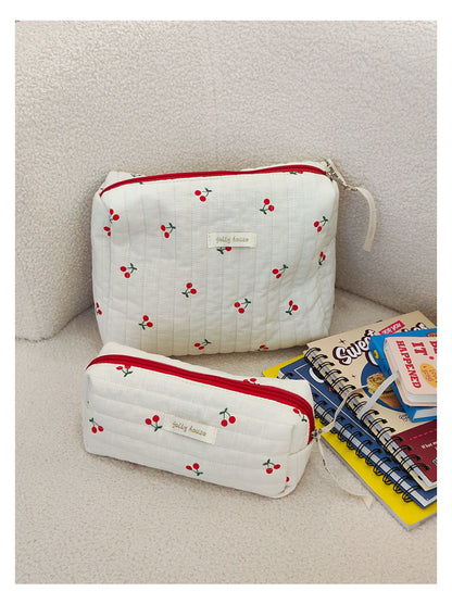 Cute White And Red Cherry Quilted cotton Large Makeup Bag