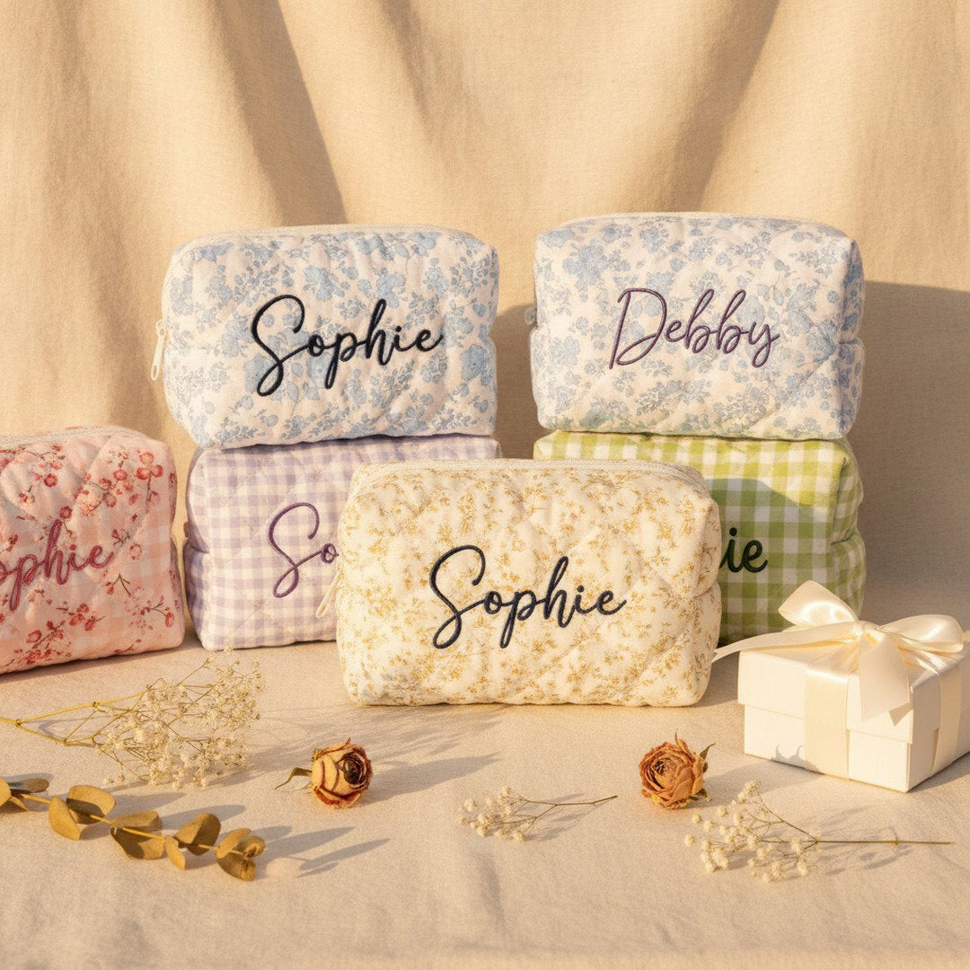Personalised Quilted Floral Makeup Bag — Custom Name Embroidery Cosmetic Bag Gift for Her
