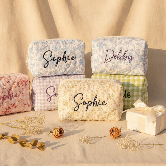 Personalised Quilted Floral Makeup Bag — Custom Name Embroidery Cosmetic Bag Gift for Her