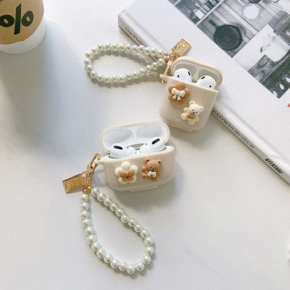 Cute Simple Cherry Bear Decor TPU Headset Cover AirPods Pro 3 1 2 Pearl Bracelet Keychain