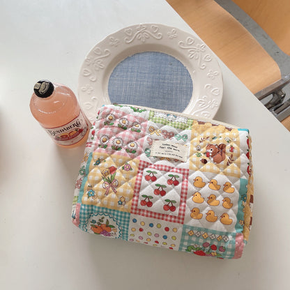 Cute Bear Floral Letters Pattern Quilted Cotton Large Capacity Makeup Bag