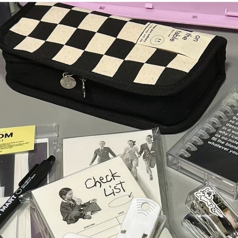 Large Capacity Pencil Case Simple Checkerboard Lattice Pencil Bag Stationery Student Canvas Estuche Multifuncional Lapices