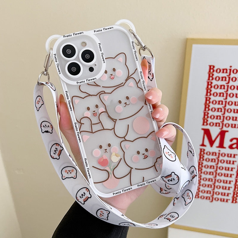 Cute Bear With Lanyard Phone Case For iPhone 15 14 13 11 12 Pro Max TPU Cover Bumper