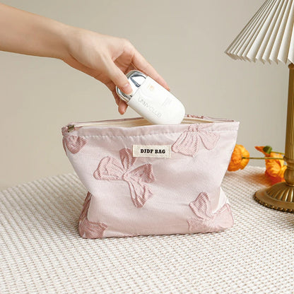 Women's Makeup Bag Pink Bow Large Capacity Makeup Bag Portable Canvas Cosmetic Bag