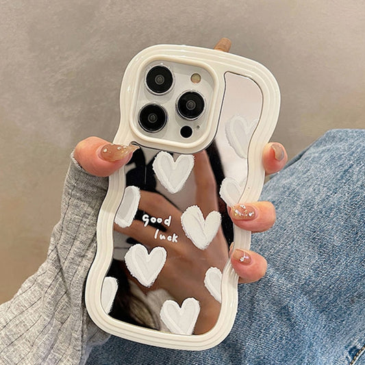 Korean Lovely White Heart Makeup Mirror Case For iPhone 14 Pro Max 13 11 12 14 Plus XS X XR