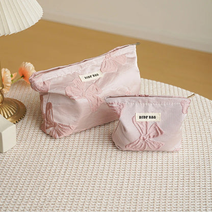 Women's Makeup Bag Pink Bow Large Capacity Makeup Bag Portable Canvas Cosmetic Bag