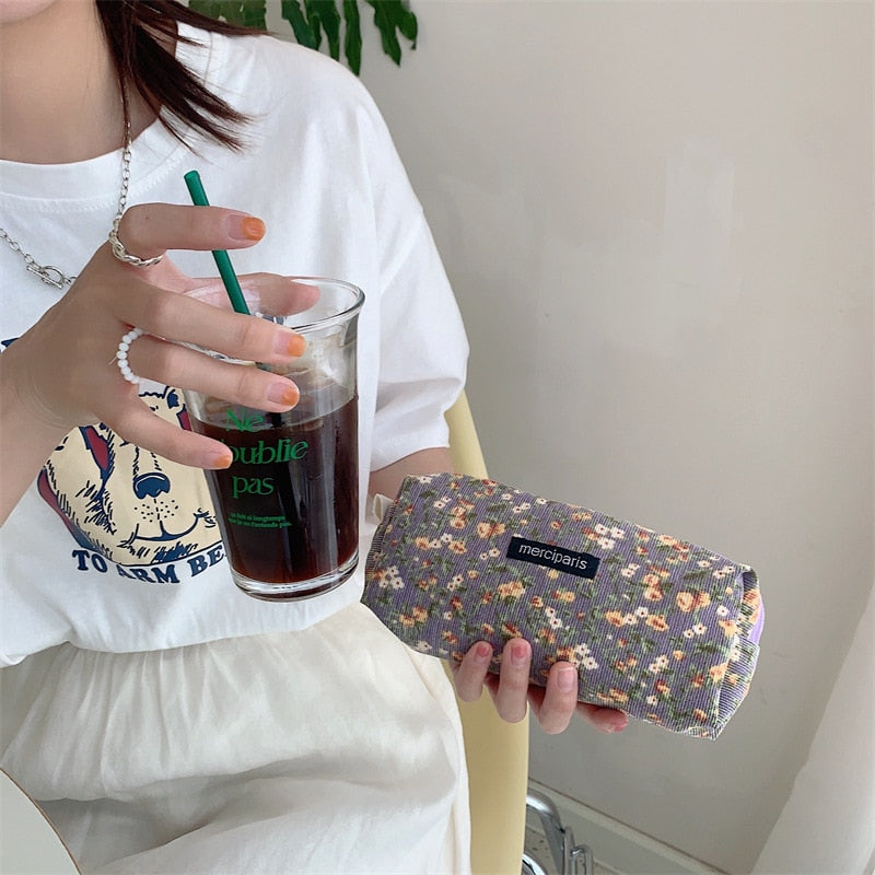 Corduroy Floral Travel Cosmetic Lipstick Purse Storage Bag Kawaii Pencil Case Bags