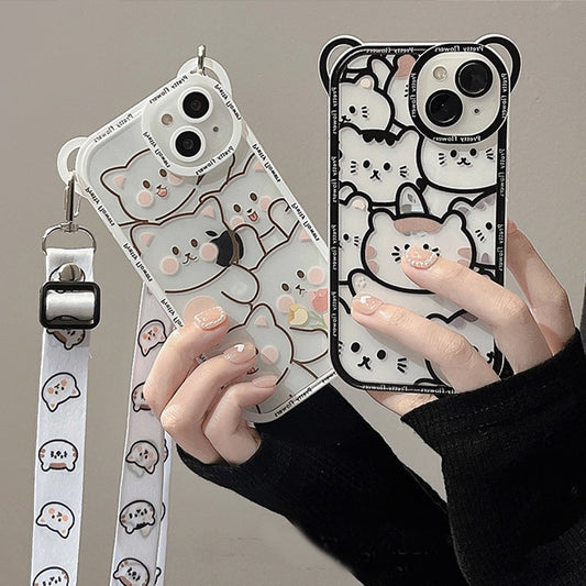 Cute Bear With Lanyard Phone Case For iPhone 15 14 13 11 12 Pro Max TPU Cover Bumper