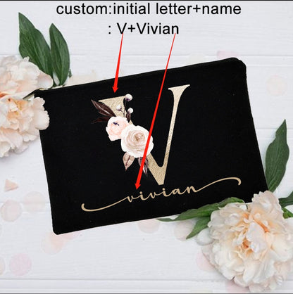 Personalized Custom Initial Name Makeup Bag  Make Up Bags Bridal Shower Gift Canvas Toiletry Organizer Bridesmaid