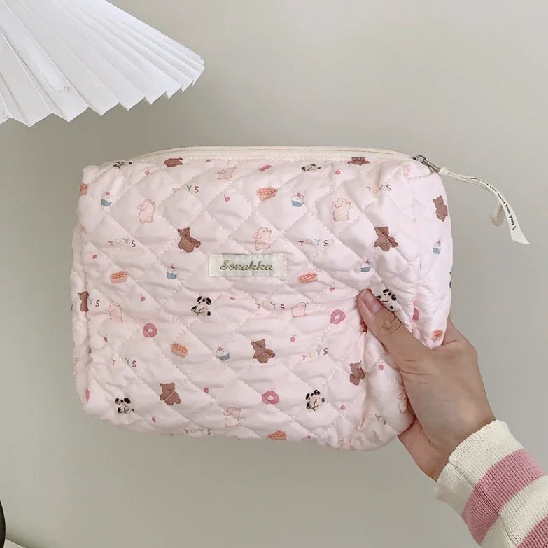 Cute Pink Women's Cosmetic Bag Make Up Case Quilted Cotton Travel Storage Bags Portable Wash Bag Clutch Purse Handbags Mommy Bag