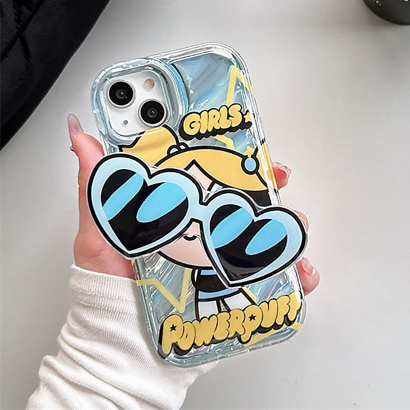 Cute Powerpuff Girls Glasses Holder Case For iPhone 14-7/8/SE 2020 Clear Soft Silicone Cover