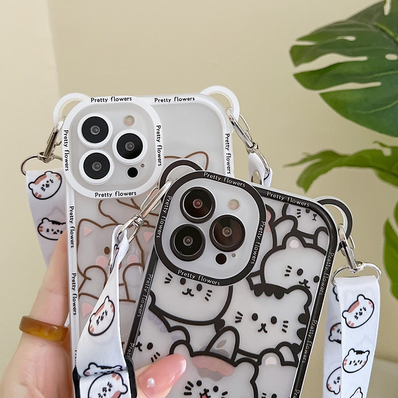 Cute Bear With Lanyard Phone Case For iPhone 15 14 13 11 12 Pro Max TPU Cover Bumper