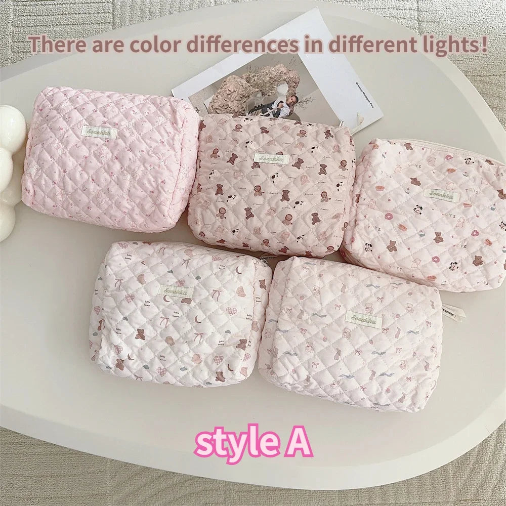 Cute Pink Women's Cosmetic Bag Make Up Case Quilted Cotton Travel Storage Bags Portable Wash Bag Clutch Purse Handbags Mommy Bag