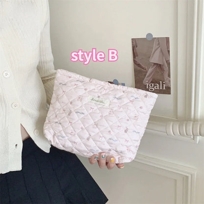 Cute Pink Women's Cosmetic Bag Make Up Case Quilted Cotton Travel Storage Bags Portable Wash Bag Clutch Purse Handbags Mommy Bag