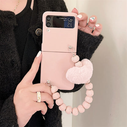 Solid Samsung Galaxy Z Flip 3 4 Hard Cover Cute Plush Love Heart Chain Cases