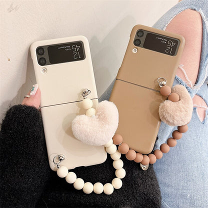 Solid Samsung Galaxy Z Flip 3 4 Hard Cover Cute Plush Love Heart Chain Cases