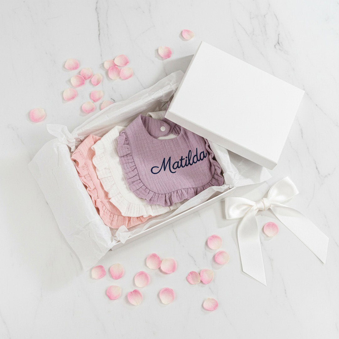 Personalised Ruffle Baby Bib — Custom Name Embroidery Baby Shower Gift
