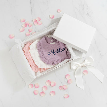 Personalised Ruffle Baby Bib — Custom Name Embroidery Baby Shower Gift