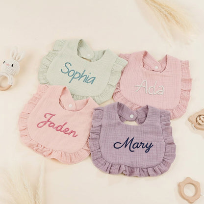 Personalised Ruffle Baby Bib — Custom Name Embroidery Baby Shower Gift