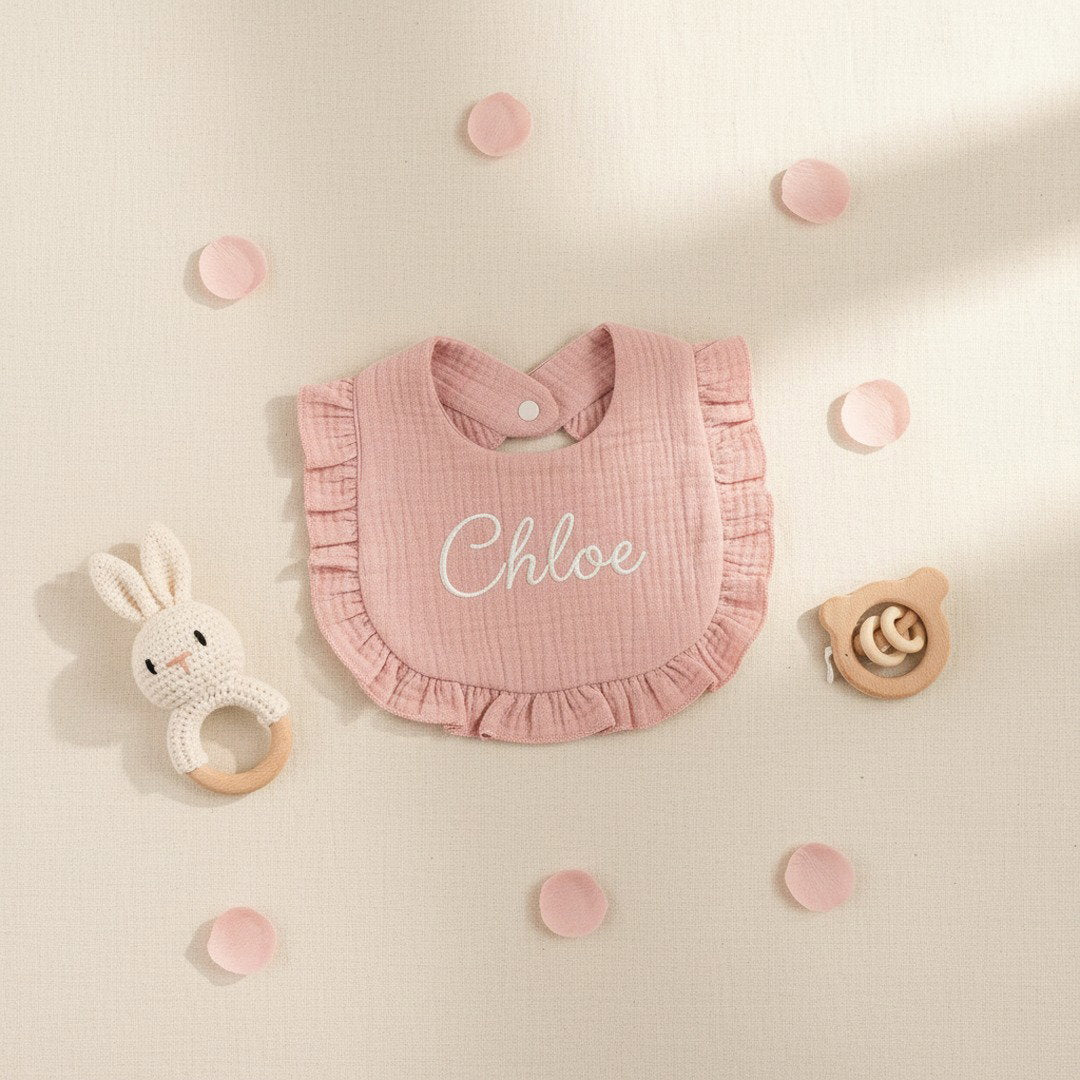 Personalised Ruffle Baby Bib — Custom Name Embroidery Baby Shower Gift