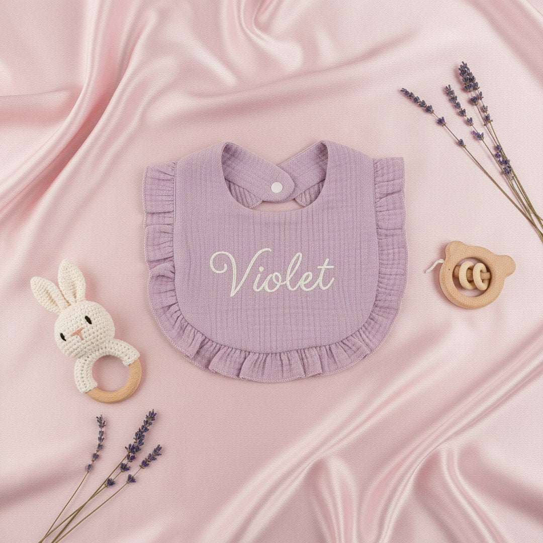 Personalised Ruffle Baby Bib — Custom Name Embroidery Baby Shower Gift