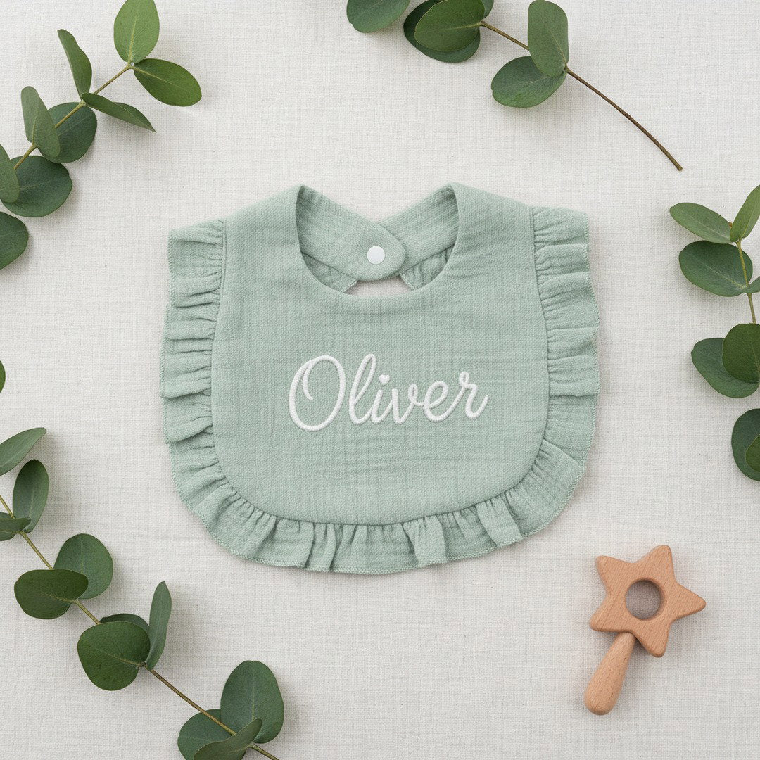 Personalised Ruffle Baby Bib — Custom Name Embroidery Baby Shower Gift