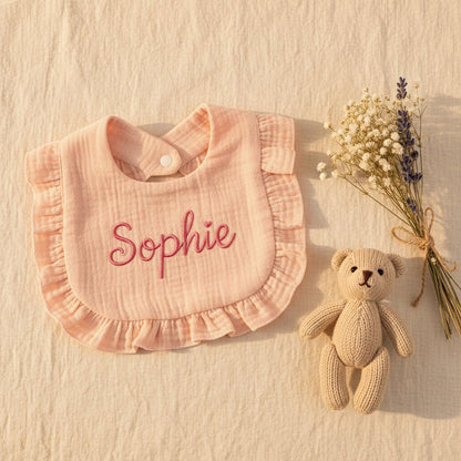 Personalised Ruffle Baby Bib — Custom Name Embroidery Baby Shower Gift