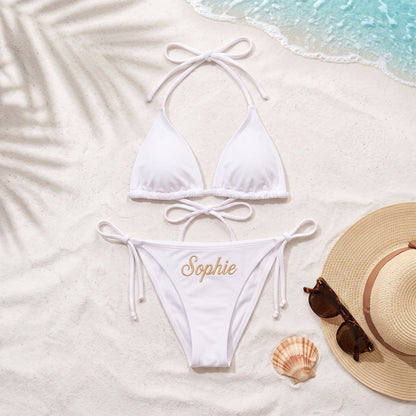 Personalised embroidered string bikini set - White poolside flat-lay lifestyle | SweetCarry