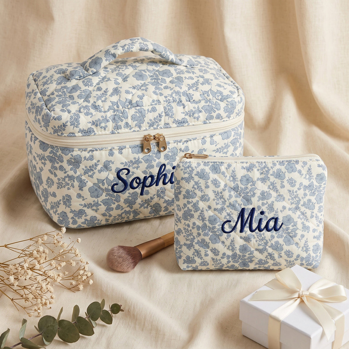 Personalised Quilted Blue Floral Makeup Bag - dense blue floral print with custom name embroidery | SweetCarry