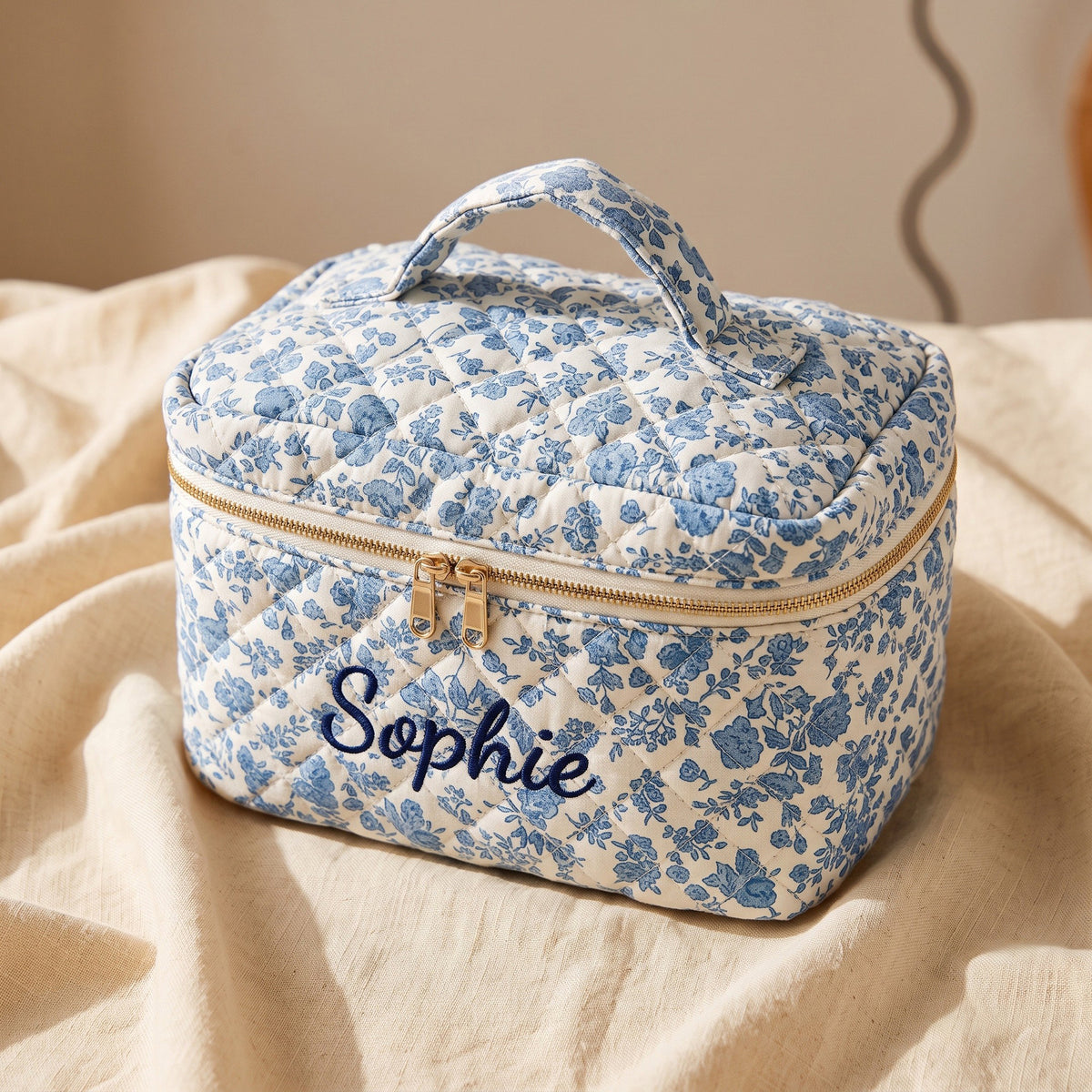 Personalised Quilted Blue Floral Makeup Bag - Large train case with top handle | SweetCarry
