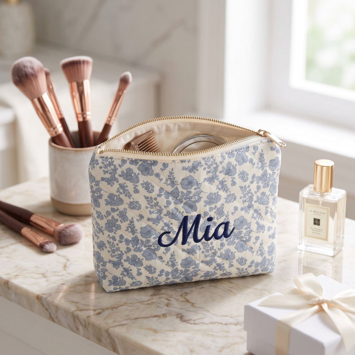 Personalised Quilted Blue Floral Makeup Bag - Medium pouch detail | SweetCarry