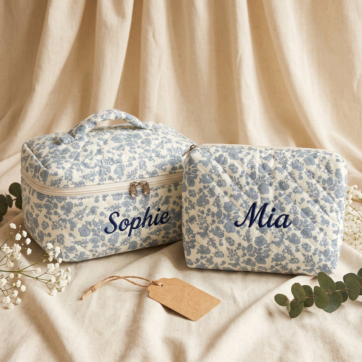 Personalised Quilted Blue Floral Makeup Bag - Medium and Large sizes together | SweetCarry