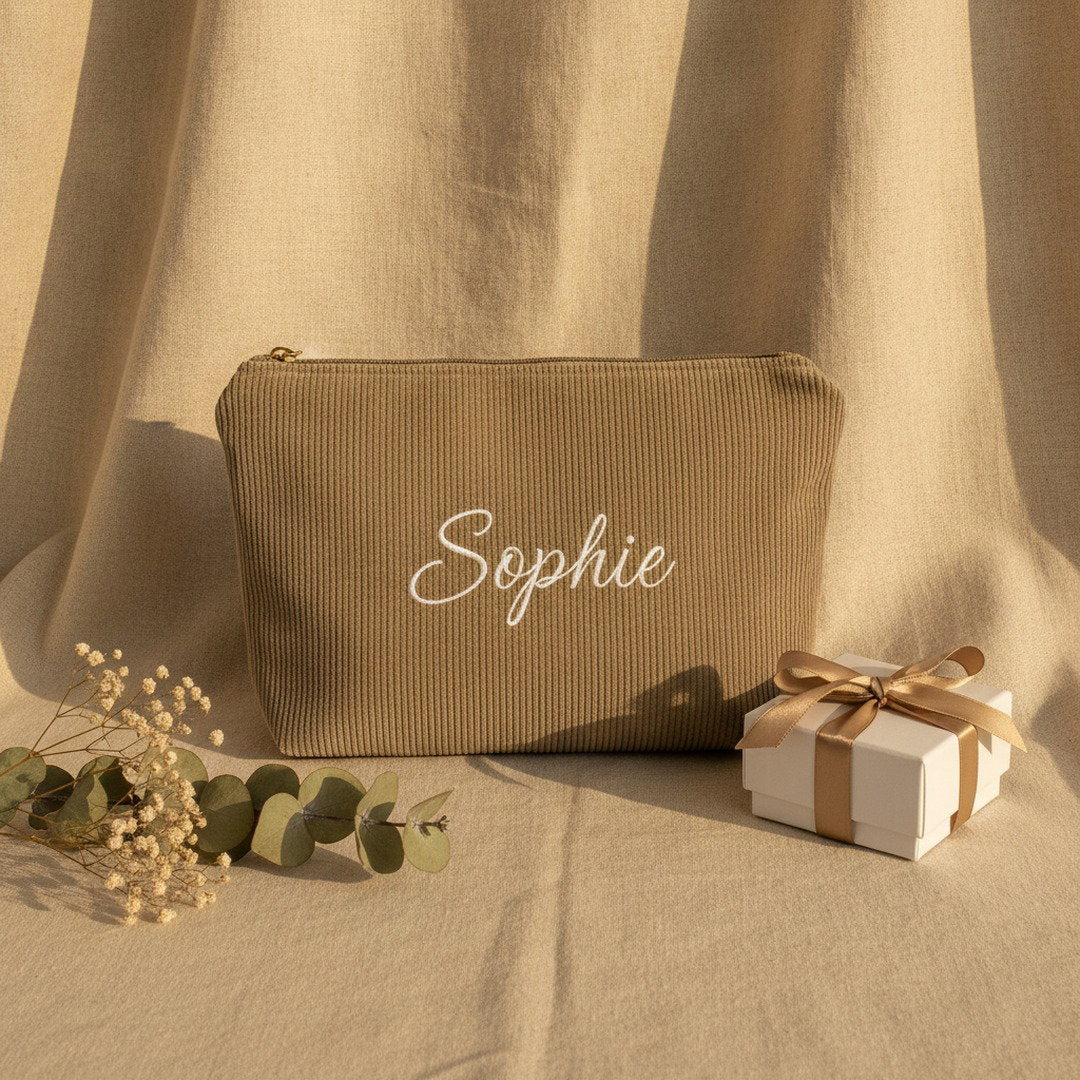 Personalised Wide Corduroy Makeup Bag — Custom Name Embroidery Cosmetic Bag | 12 Colours