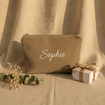 Personalised Wide Corduroy Makeup Bag — Custom Name Embroidery Cosmetic Bag | 12 Colours