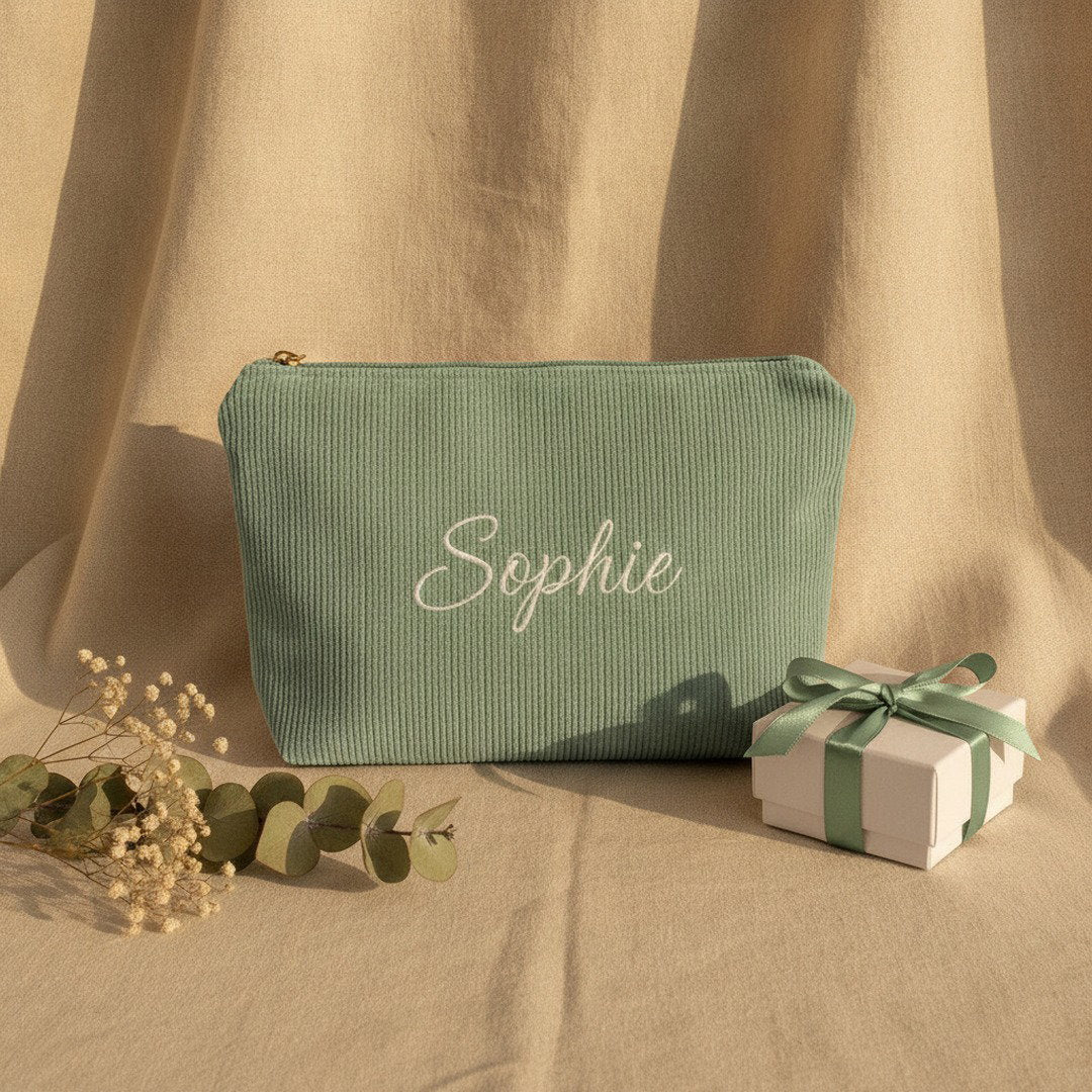 Personalised Wide Corduroy Makeup Bag — Custom Name Embroidery Cosmetic Bag | 12 Colours