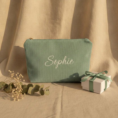 Personalised Wide Corduroy Makeup Bag — Custom Name Embroidery Cosmetic Bag | 12 Colours