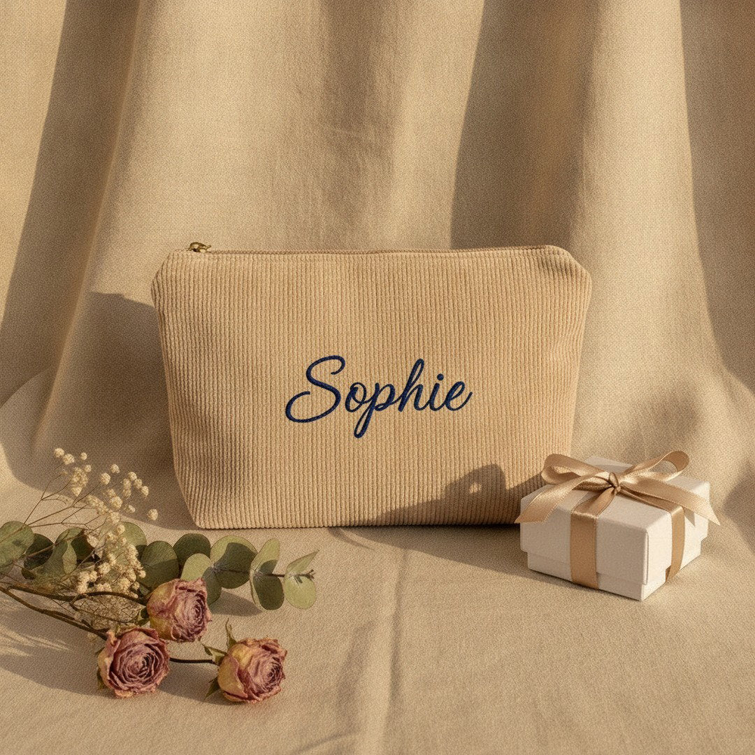 Personalised Wide Corduroy Makeup Bag — Custom Name Embroidery Cosmetic Bag | 12 Colours