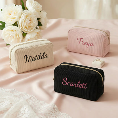 Personalised Embroidery Corduroy Makeup Bag — Custom Name Cosmetic Bag Gift for Her