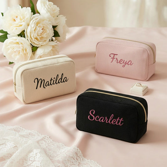 Personalised Embroidery Corduroy Makeup Bag — Custom Name Cosmetic Bag Gift for Her