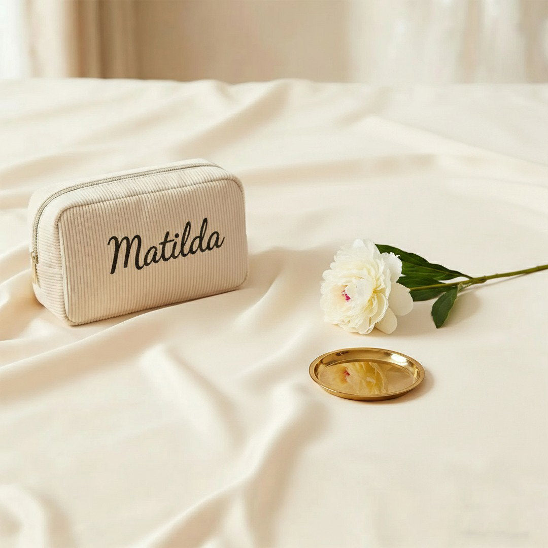 Personalised Embroidery Corduroy Makeup Bag — Custom Name Cosmetic Bag Gift for Her